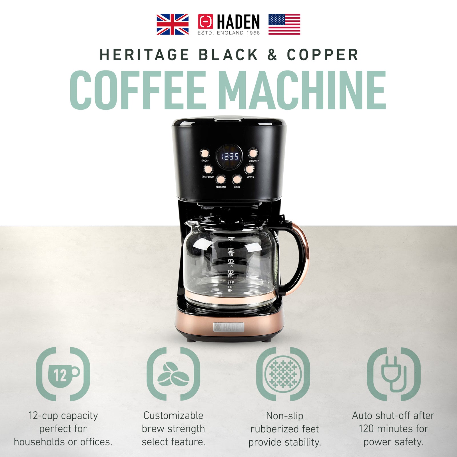 Haden Heritage 12 Cup Programmable Retro Coffee Maker Machine,Black/Copper(Used) - VMInnovations