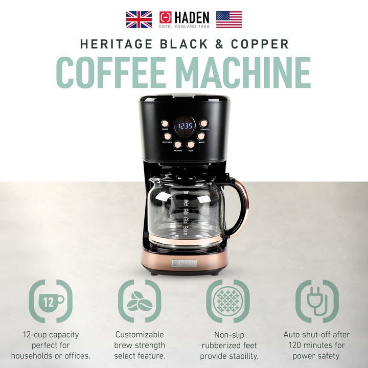 Haden Coffee Machine, 12 Cup Programmable Drip Coffee Maker, Black & Copper