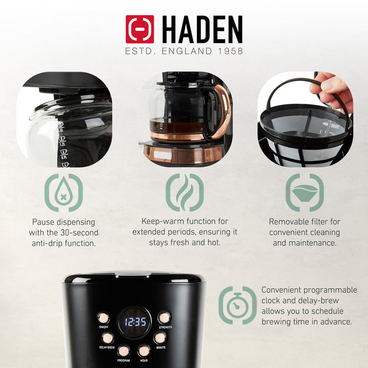 Haden Coffee Machine, 12 Cup Programmable Drip Coffee Maker, Black & Copper