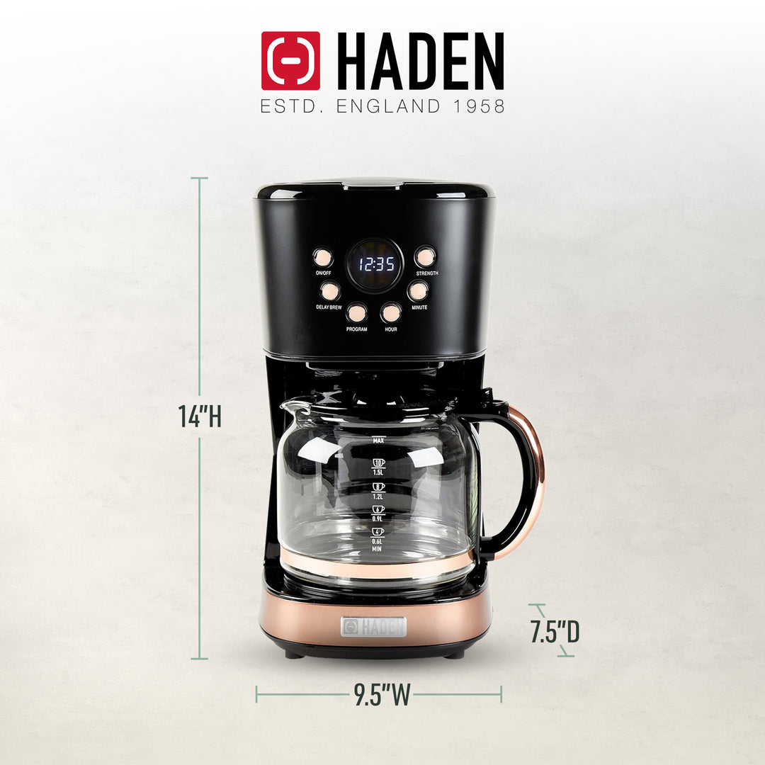 Haden Coffee Machine, 12 Cup Programmable Drip Coffee Maker, Black & Copper