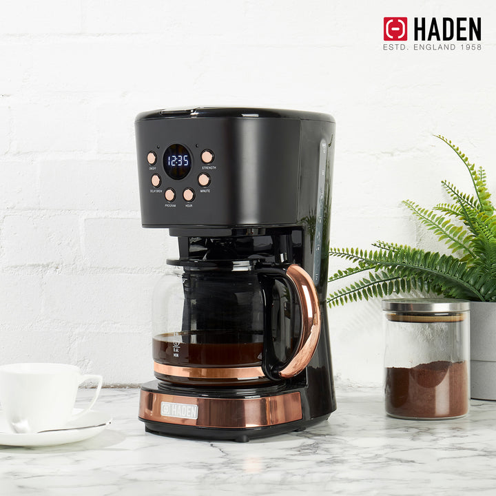 Haden Coffee Machine, 12 Cup Programmable Drip Coffee Maker, Black & Copper