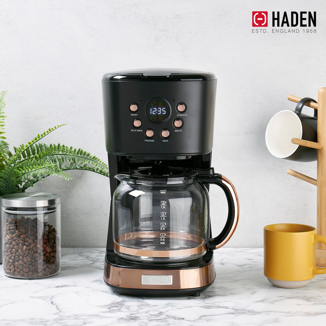 Haden Coffee Machine, 12 Cup Programmable Drip Coffee Maker, Black & Copper