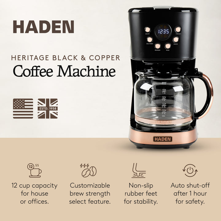 Haden 12 Cup Programmable Retro Coffee Maker Machine, Black/Copper (Open Box)