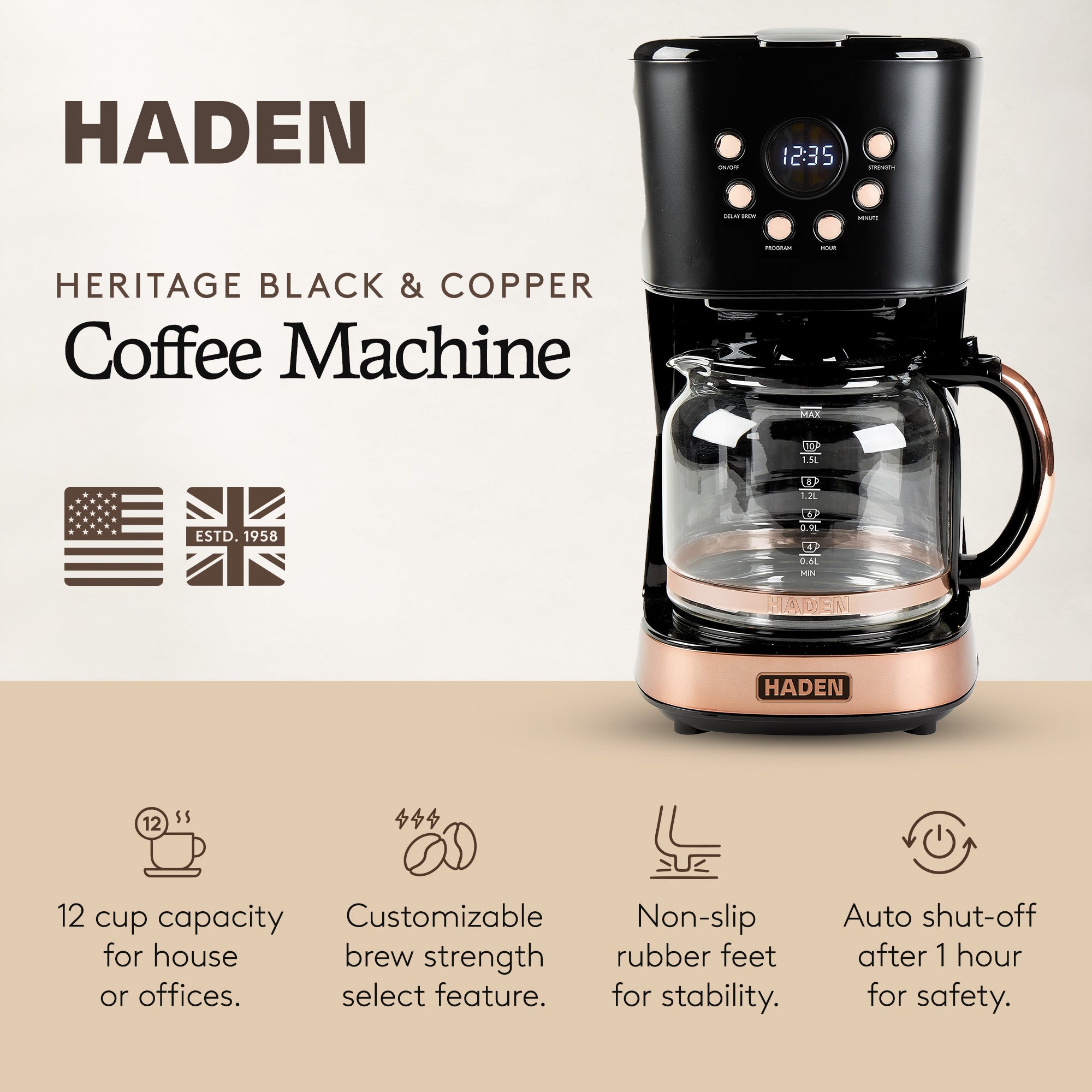 Haden Heritage Toaster & Dorset Electric Kettle & Coffee Machine, Black/Copper