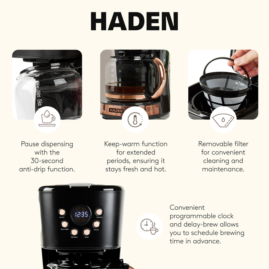 Haden 12 Cup Programmable Retro Coffee Maker Machine, Black/Copper (Open Box)