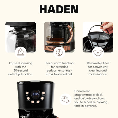 Haden Heritage Toaster & Dorset Electric Kettle & Coffee Machine, Black/Copper