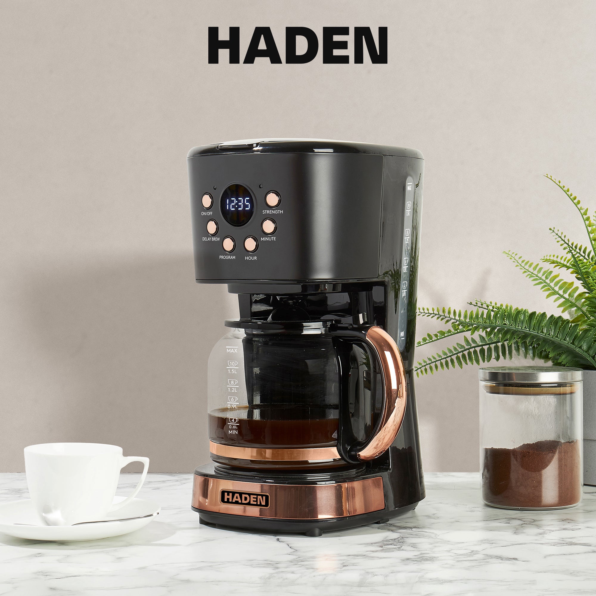 Haden 12 Cup Programmable Retro Coffee Maker Machine, Black/Copper (Open Box)