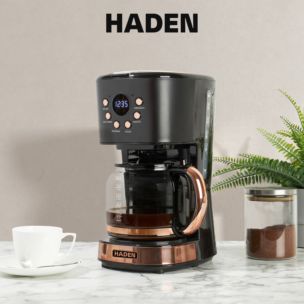 Haden 12 Cup Programmable Retro Coffee Maker Machine, Black/Copper (Open Box)