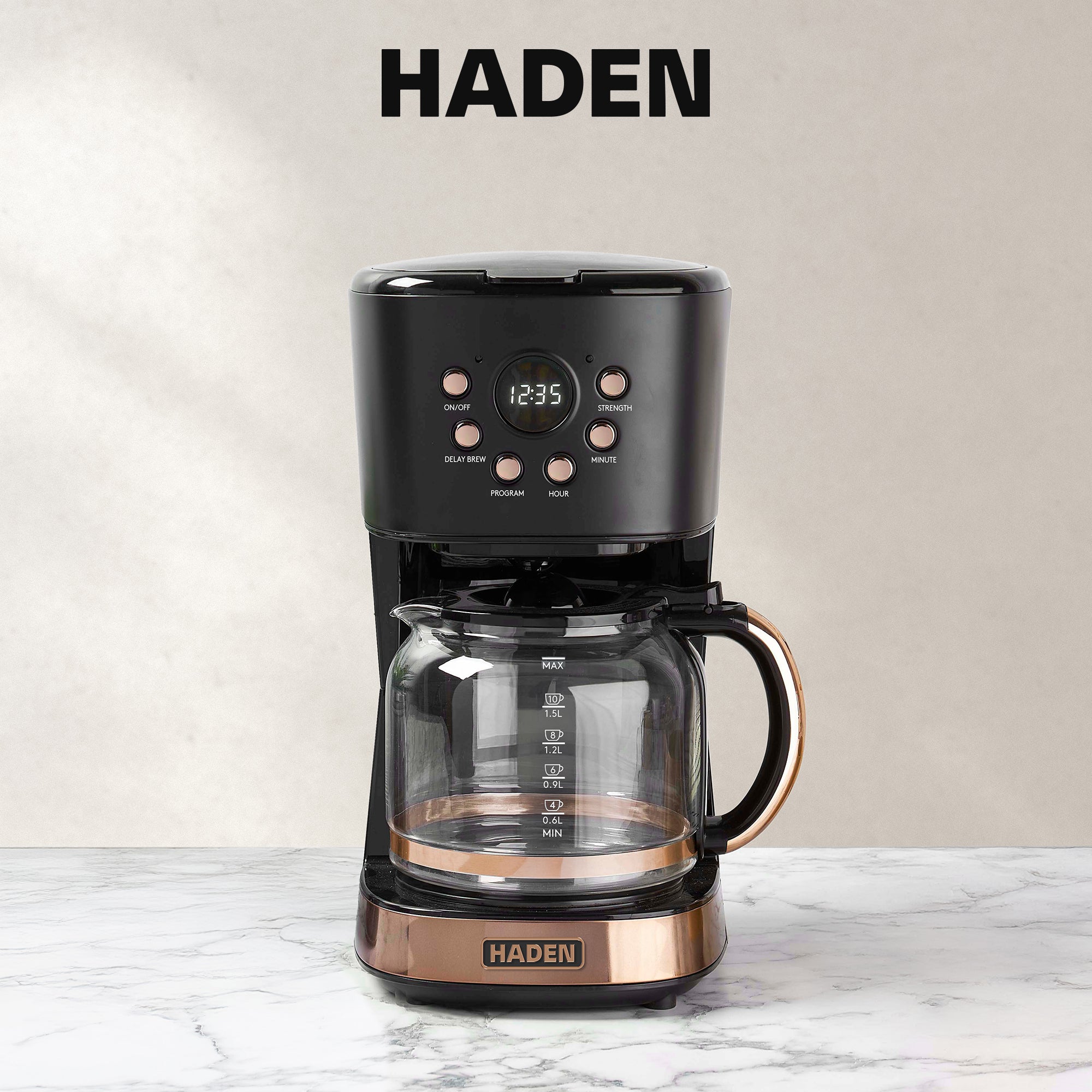 Haden 12 Cup Programmable Retro Coffee Maker Machine, Black/Copper (Open Box) - VMInnovations