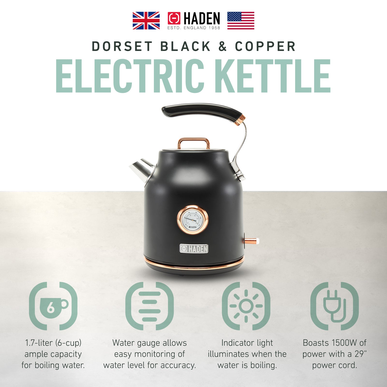 Haden Dorset 1.7L Steel Electric Kettle w/Auto Shut Off, Black/Copper(For Parts) - VMInnovations