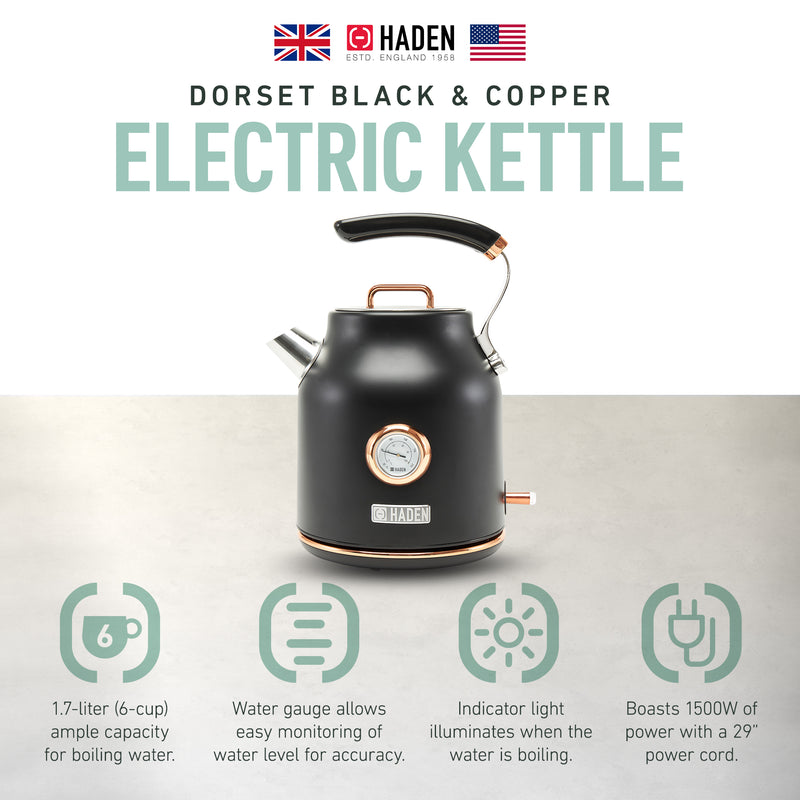 Haden Dorset 1.7 Liter Electric Water Kettle w/ 360-Degree Base, Black & Copper