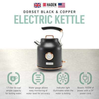 Dorset Stainless Steel Electric Kettle w/ Auto Shut Off, Black/Copper (Open Box)