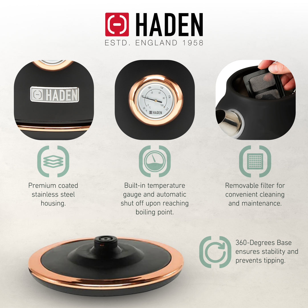 Haden 1.7 Liter Electric Water Kettle w/ 360-Degree Base, Black/Copper(Open Box)
