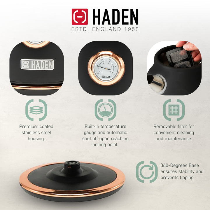 Haden 1.7 Liter Electric Water Kettle w/ 360-Degree Base, Black/Copper(Open Box)