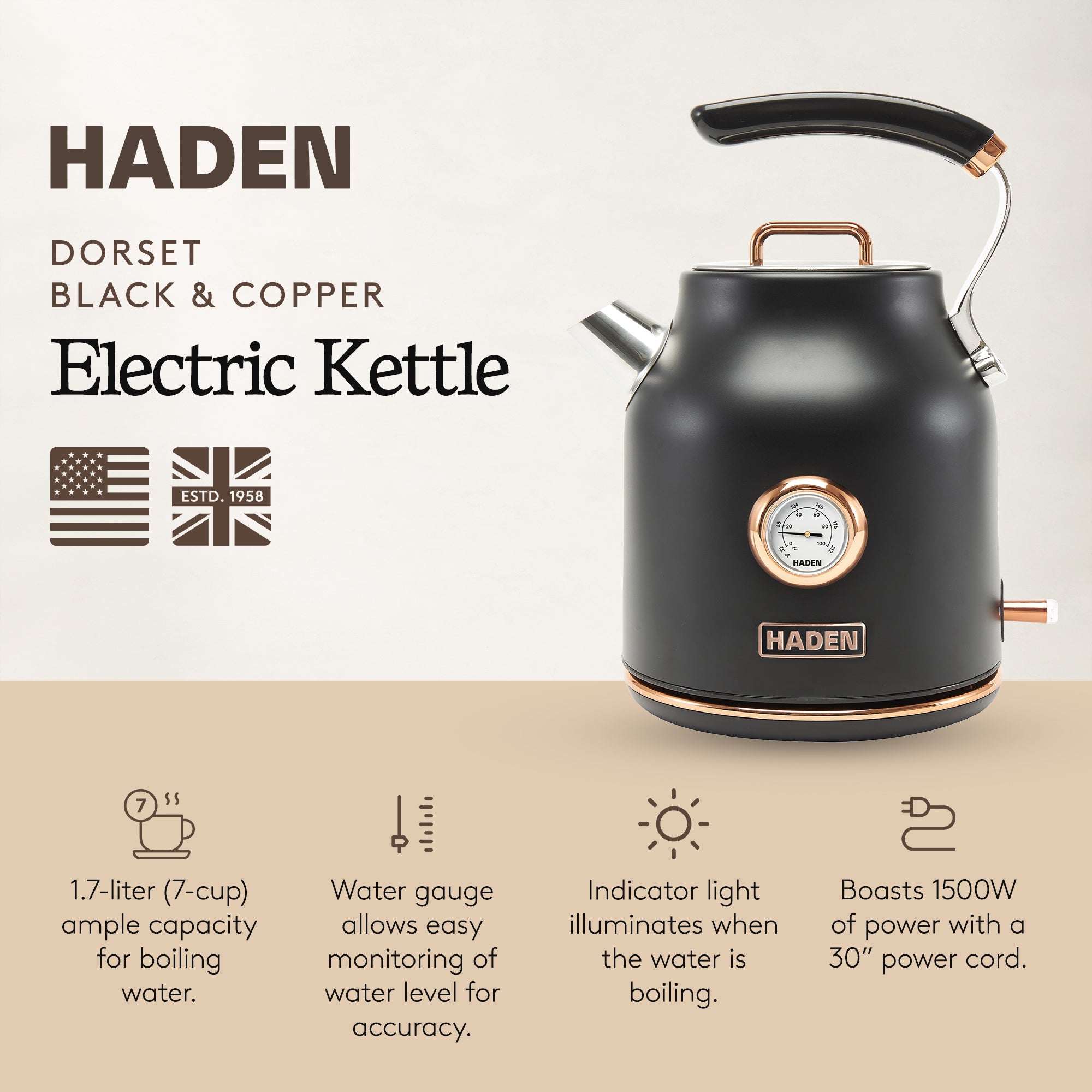 Haden Heritage Toaster & Dorset Electric Kettle & Coffee Machine, Black/Copper