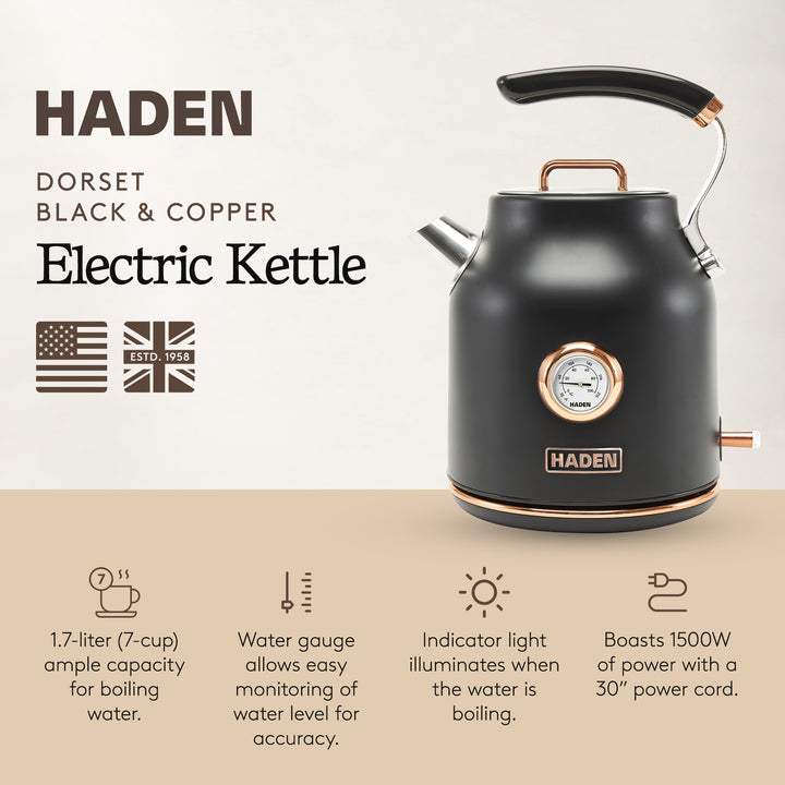 Haden 1.7 Liter Electric Water Kettle w/ 360-Degree Base, Black/Copper(Open Box)