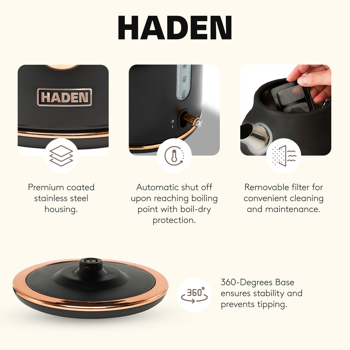 Haden 1.7 Liter Electric Water Kettle w/ 360-Degree Base, Black/Copper(Open Box) - VMInnovations