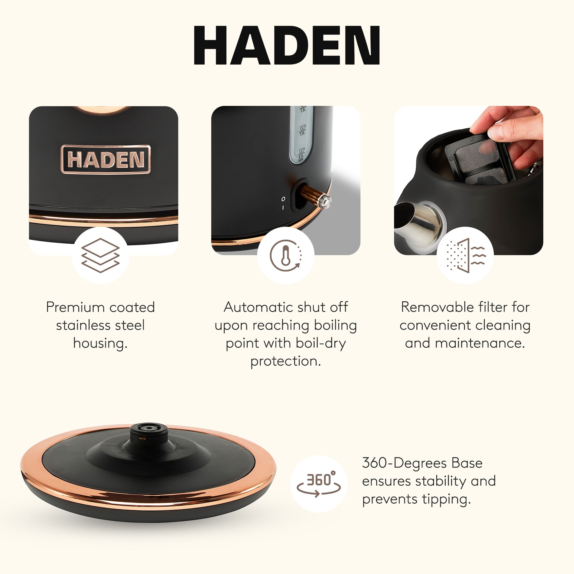Haden Heritage 4 Slice Toaster & Dorset 1.7L Electric Water Kettle, Black/Copper