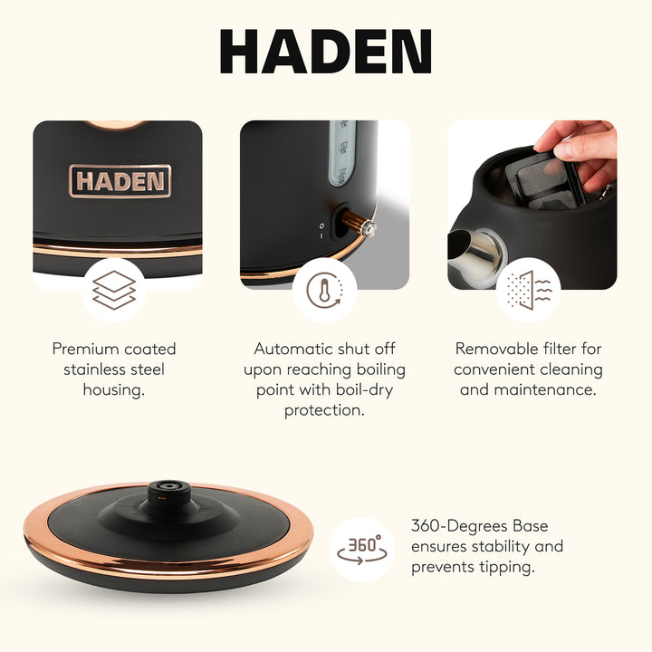 Haden Heritage Toaster & Dorset Electric Kettle & Coffee Machine, Black/Copper