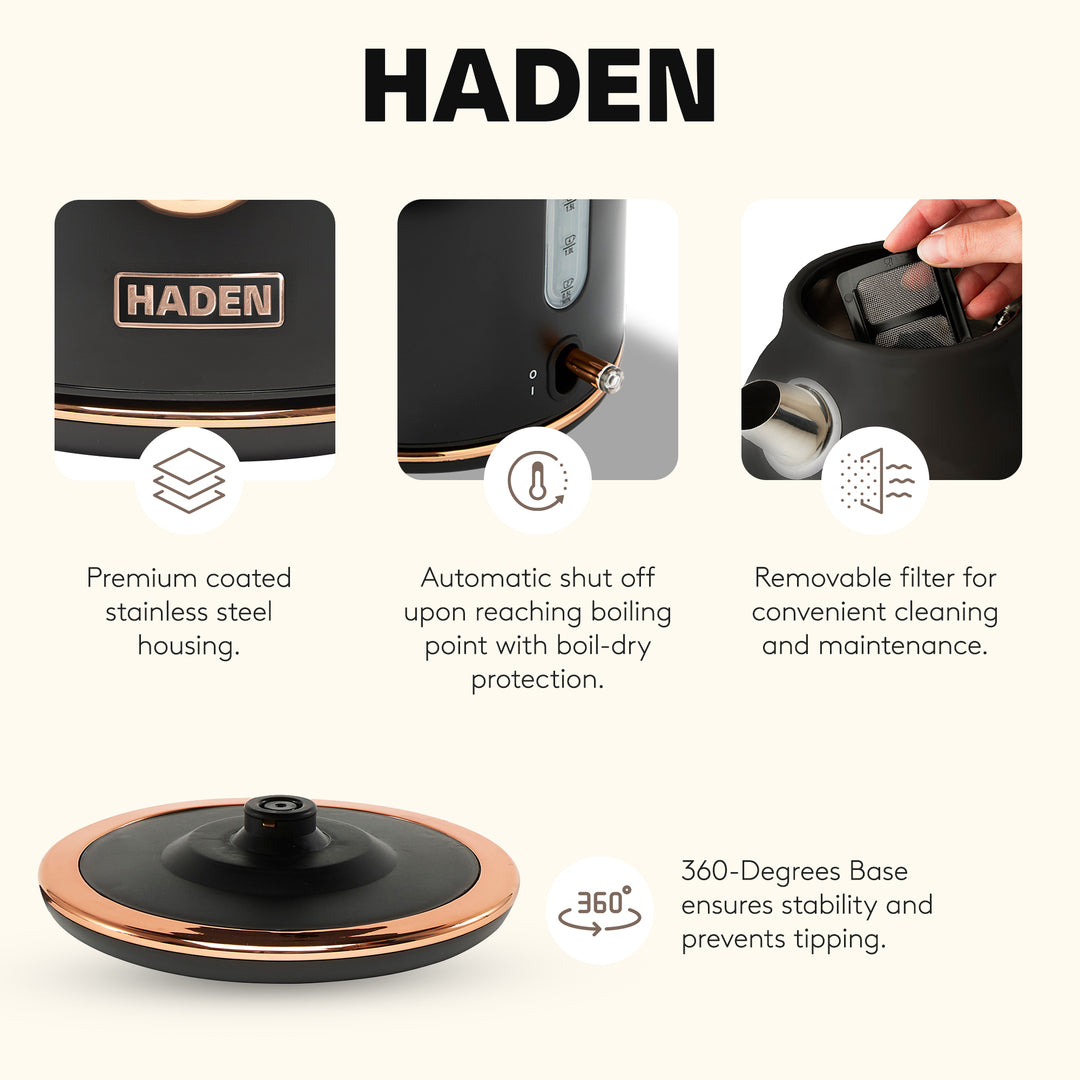 Haden 1.7 Liter Electric Water Kettle w/ 360-Degree Base, Black/Copper(Open Box)
