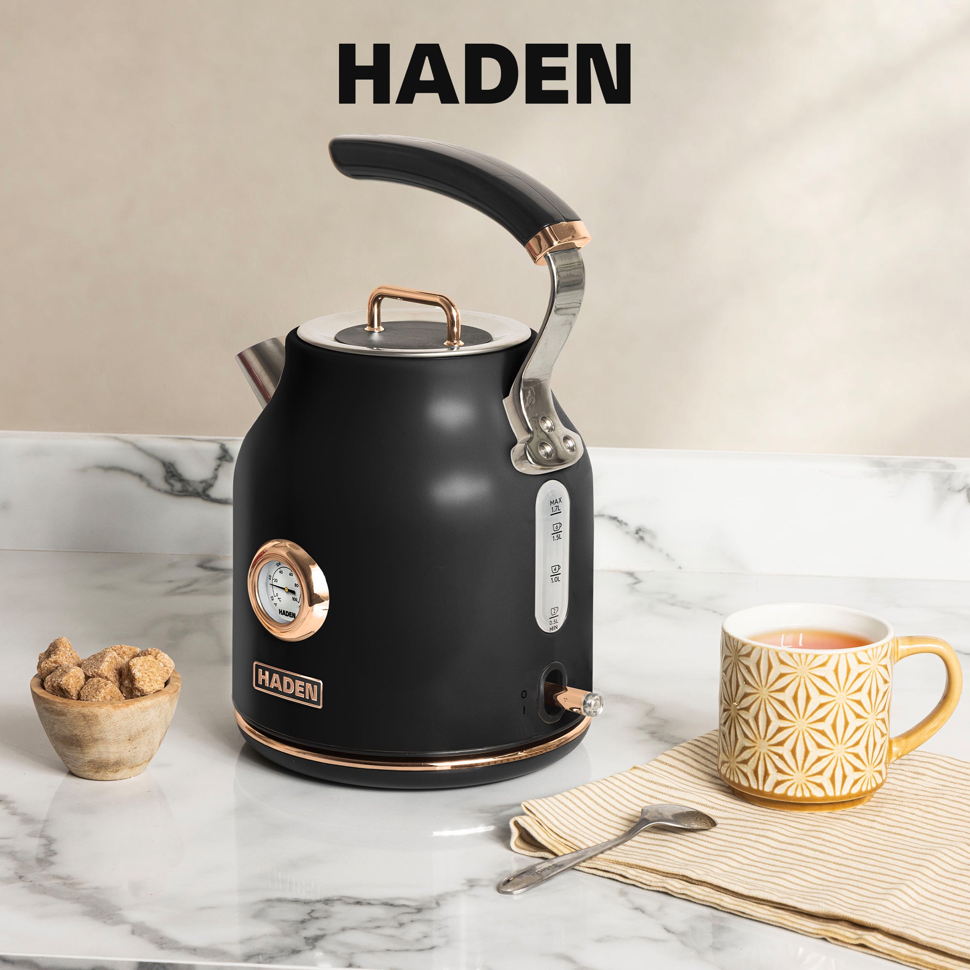 Haden Heritage 4 Slice Toaster & Dorset 1.7L Electric Water Kettle, Black/Copper
