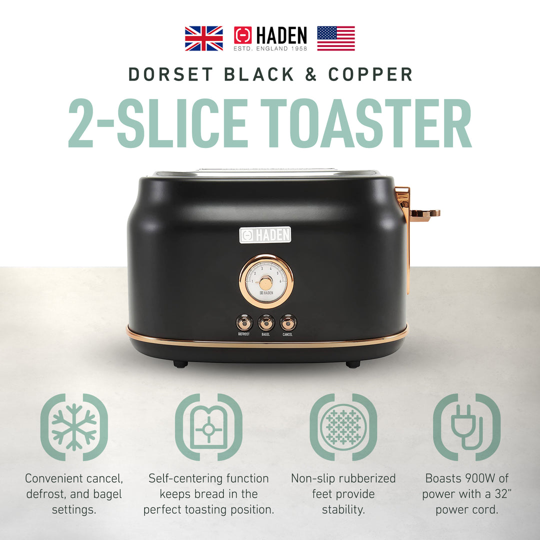 Haden Dorset 2 Slice Wide Slot Stainless Steel Toaster, Black/Copper (Open Box)
