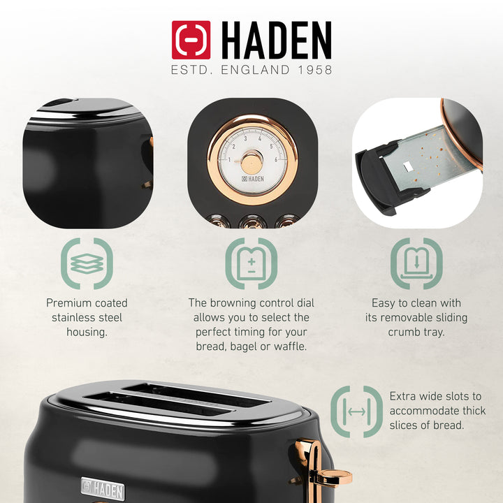 Haden Dorset 2 Slice Wide Slot Stainless Steel Toaster, Black/Copper (Open Box)