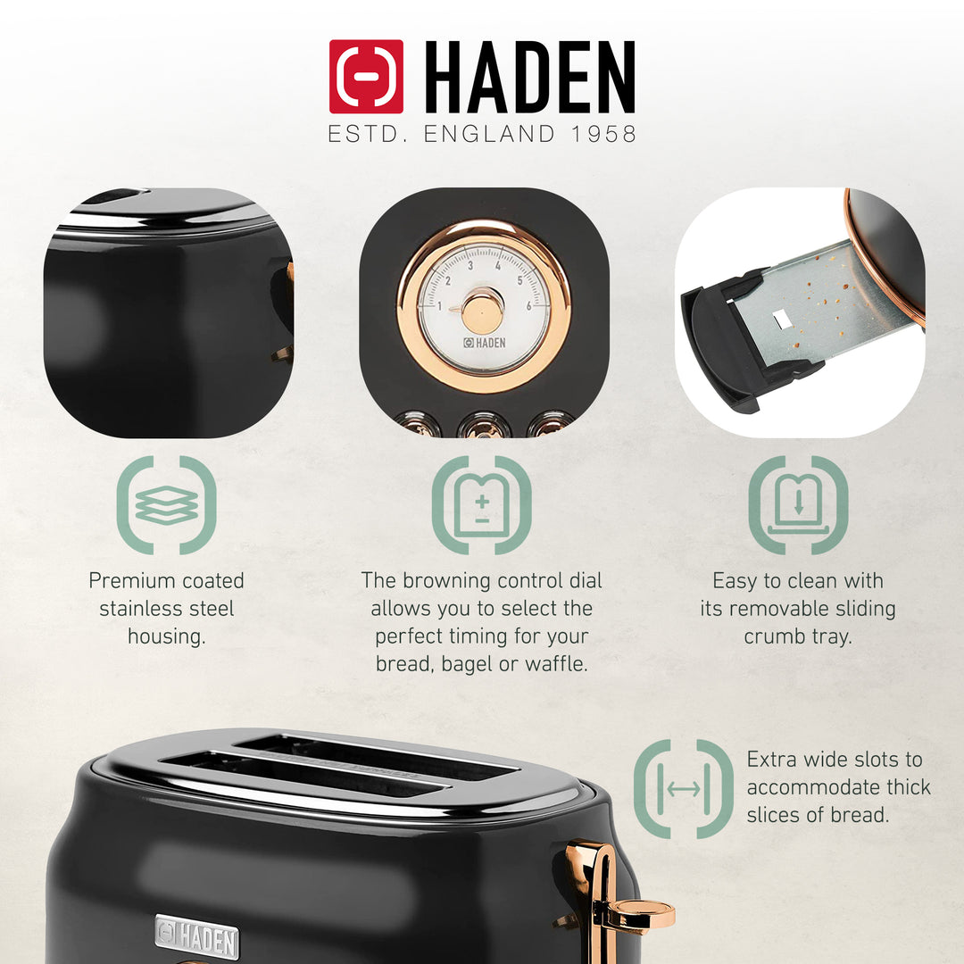 Haden Dorset 2 Slice Wide Slot Stainless Steel Toaster, Black/Copper (Open Box)