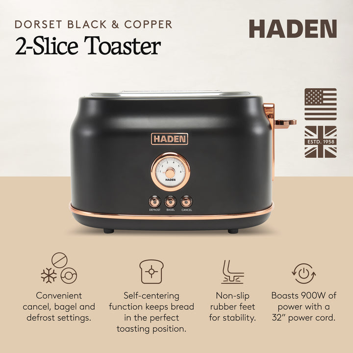 Haden Dorset 2 Slice Wide Slot Stainless Steel Toaster, Black & Copper