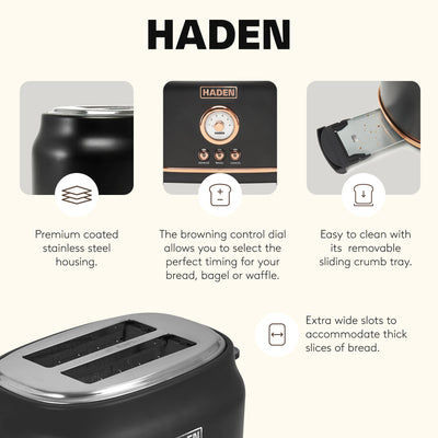 Haden Dorset 2 Slice Wide Slot Stainless Steel Toaster, Black & Copper - VMInnovations