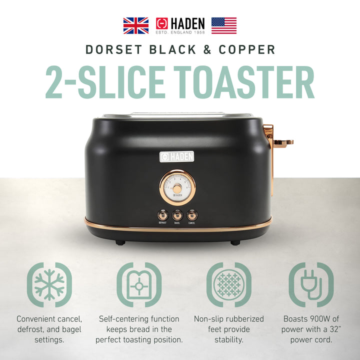 Haden Dorset 2 Slice Wide Slot Stainless Steel Toaster, Black & Copper