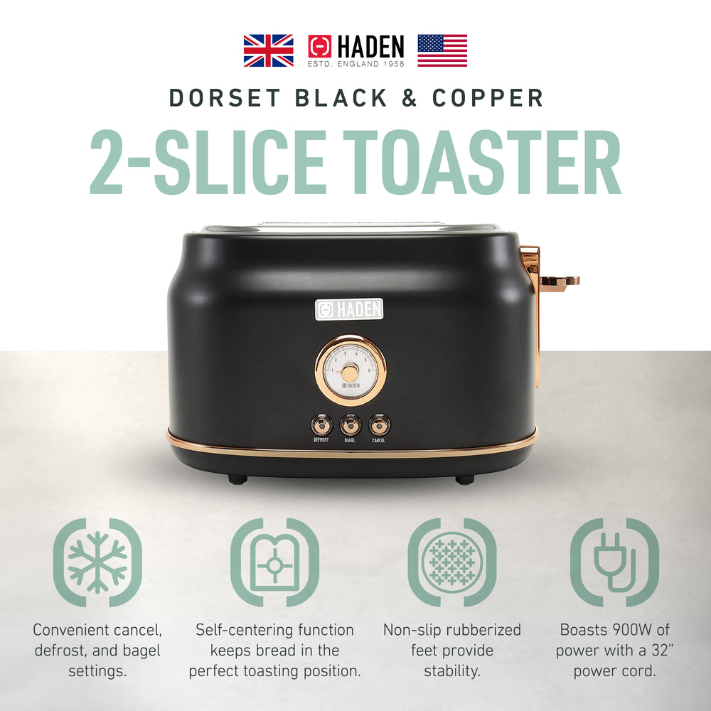 Haden Dorset 2 Slice Wide Slot Stainless Steel Toaster, Black/Copper (Used) - VMInnovations