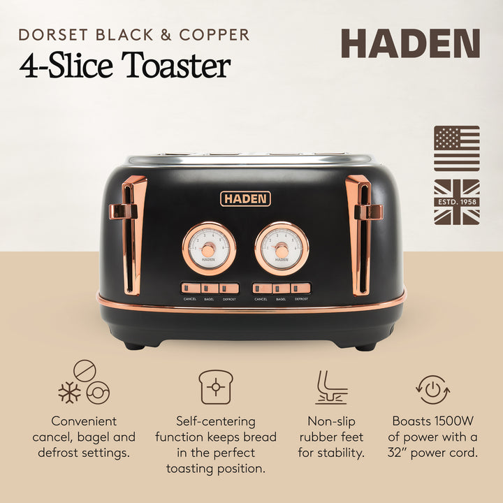 Haden Dorset 4 Slice Wide Slot Steel Toaster w/ Tray, Black/Copper (Open Box) - VMInnovations