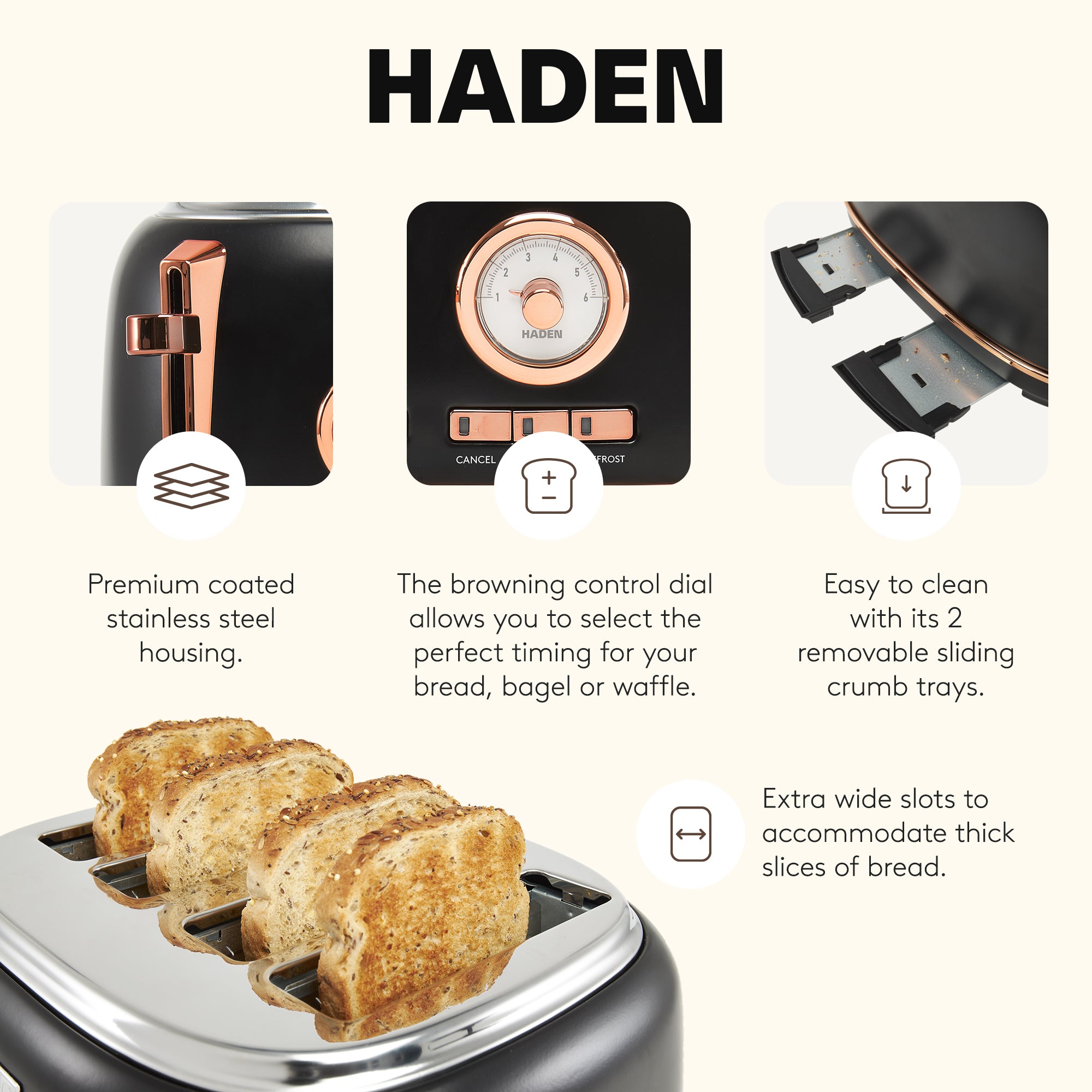 Haden Dorset 4 Slice Wide Slot Steel Toaster w/ Tray, Black/Copper (Open Box)