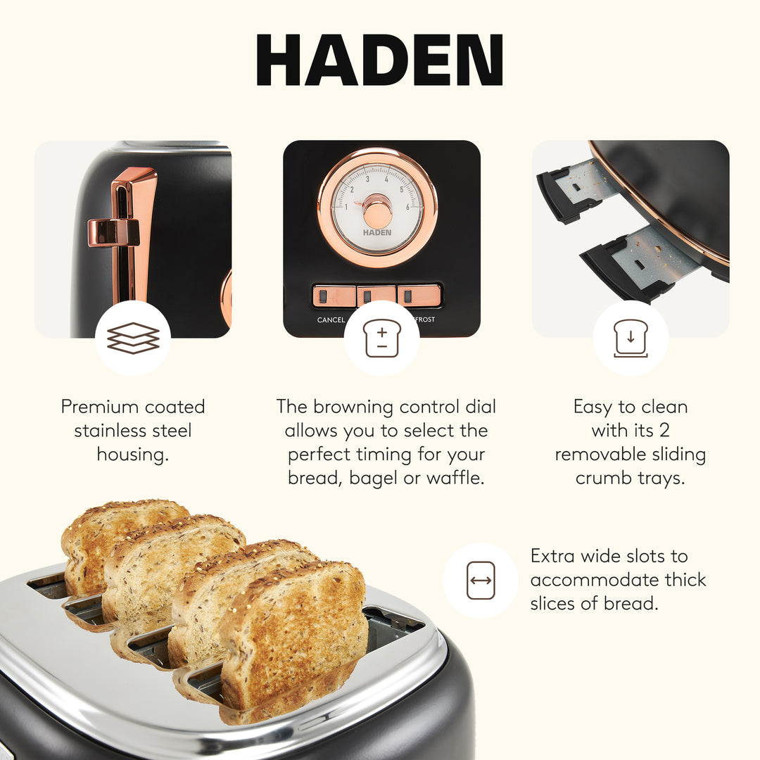 Haden Dorset 4 Slice Wide Slot Steel Toaster w/ Tray, Black/Copper (Open Box) - VMInnovations