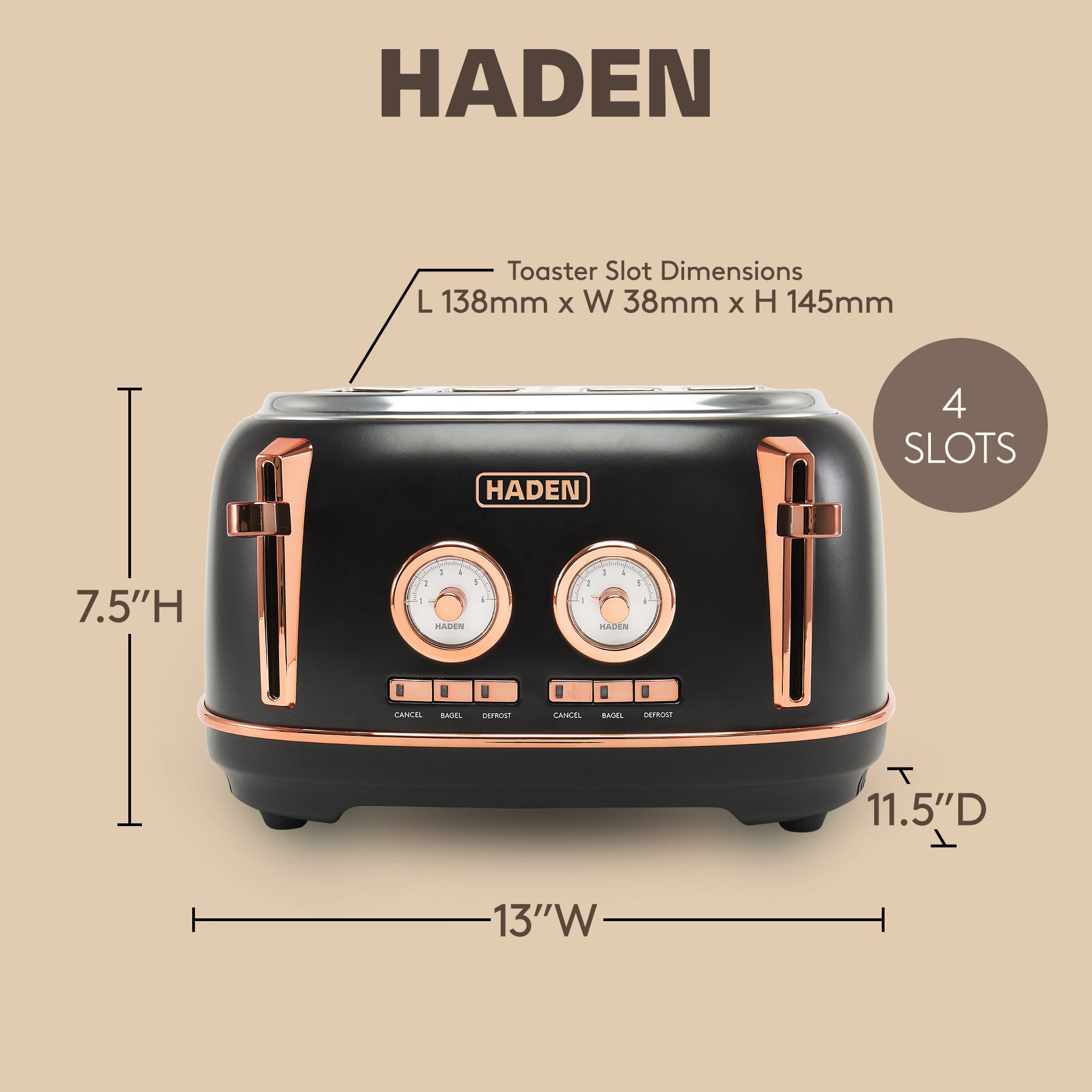 Haden Dorset 4 Slice Wide Slot Steel Toaster w/ Tray, Black/Copper (Open Box)