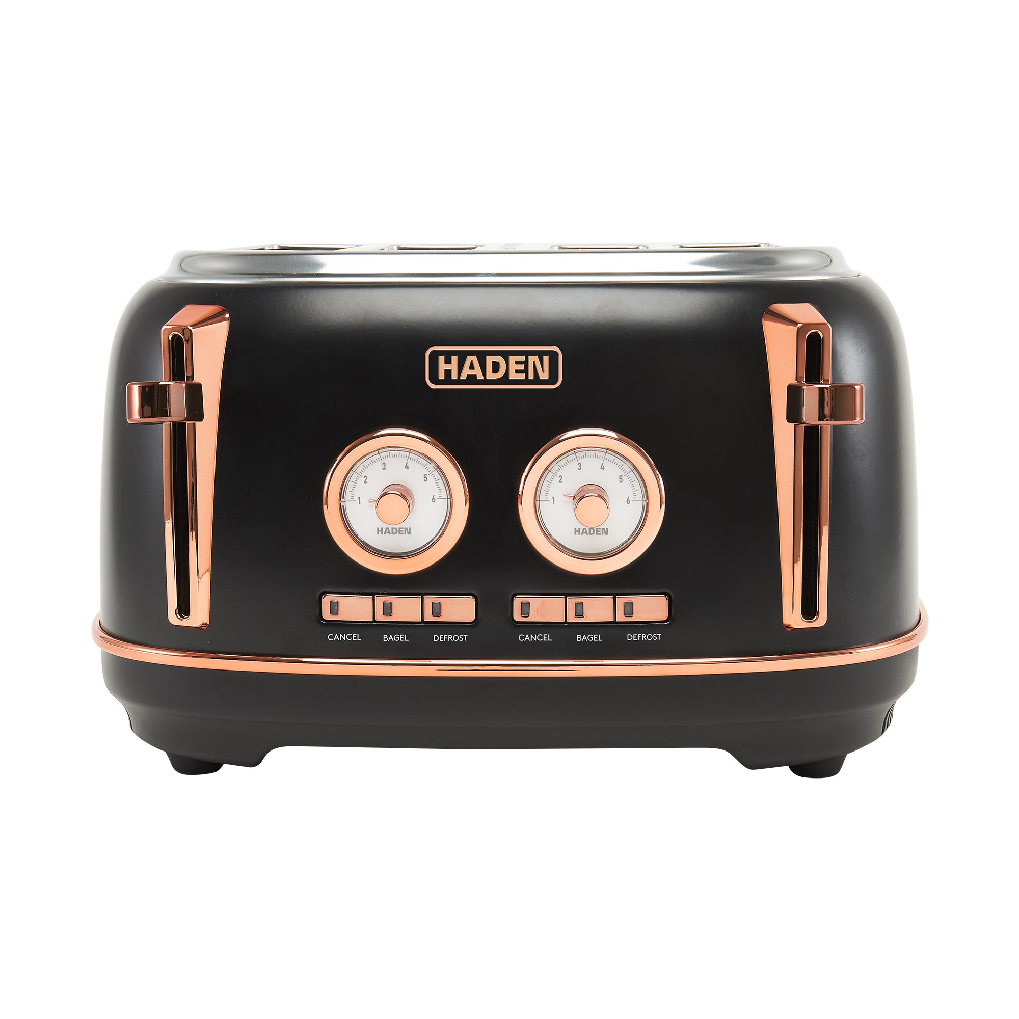 Haden Dorset 4 Slice Wide Slot Steel Toaster w/ Tray, Black/Copper (Open Box)