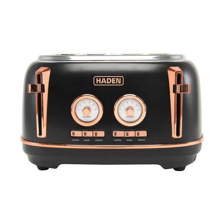Haden Dorset 4 Slice Wide Slot Steel Toaster w/ Tray, Black/Copper (Open Box) - VMInnovations