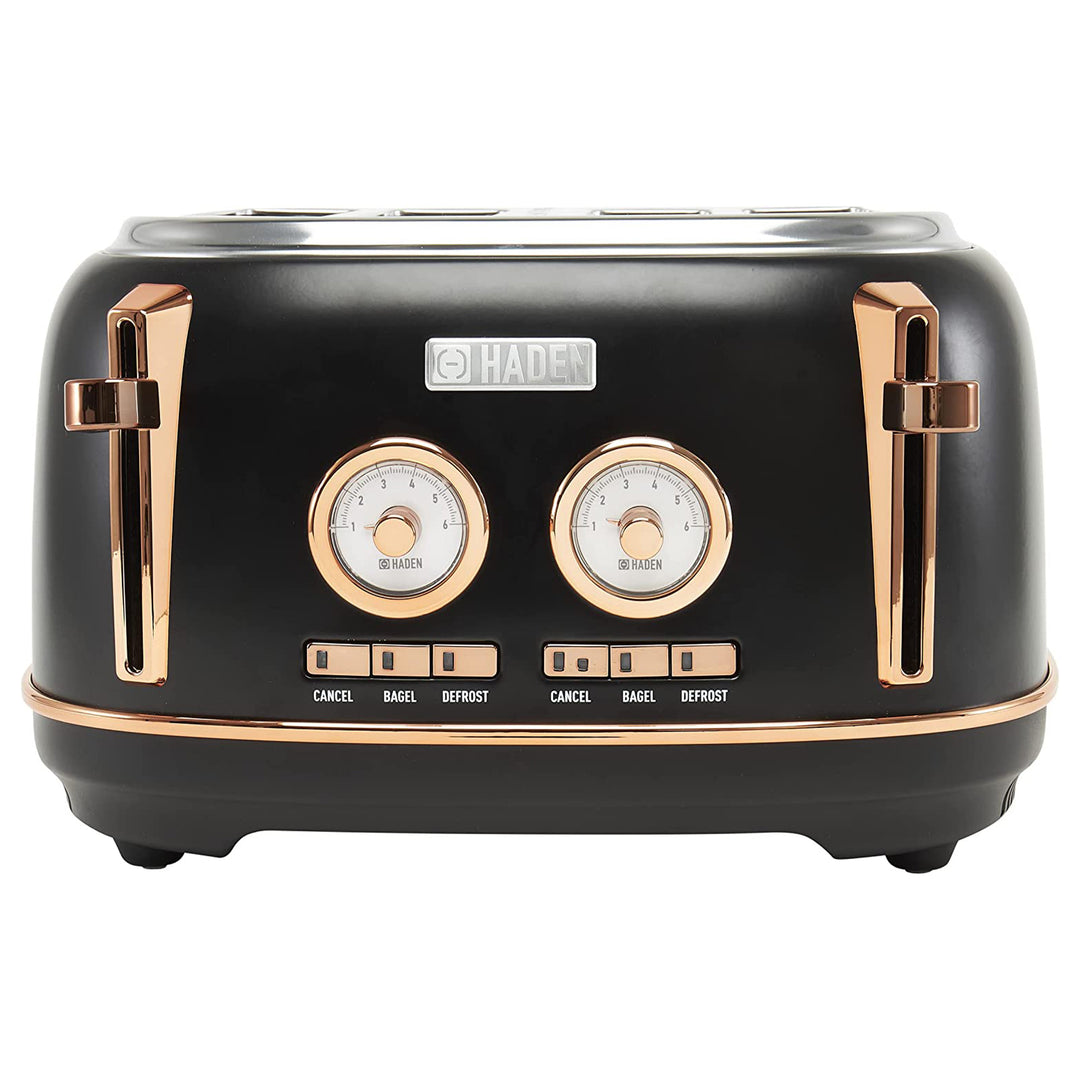 Haden Dorset 4 Slice Wide Slot Steel Toaster w/ Tray, Black/Copper (Open Box)