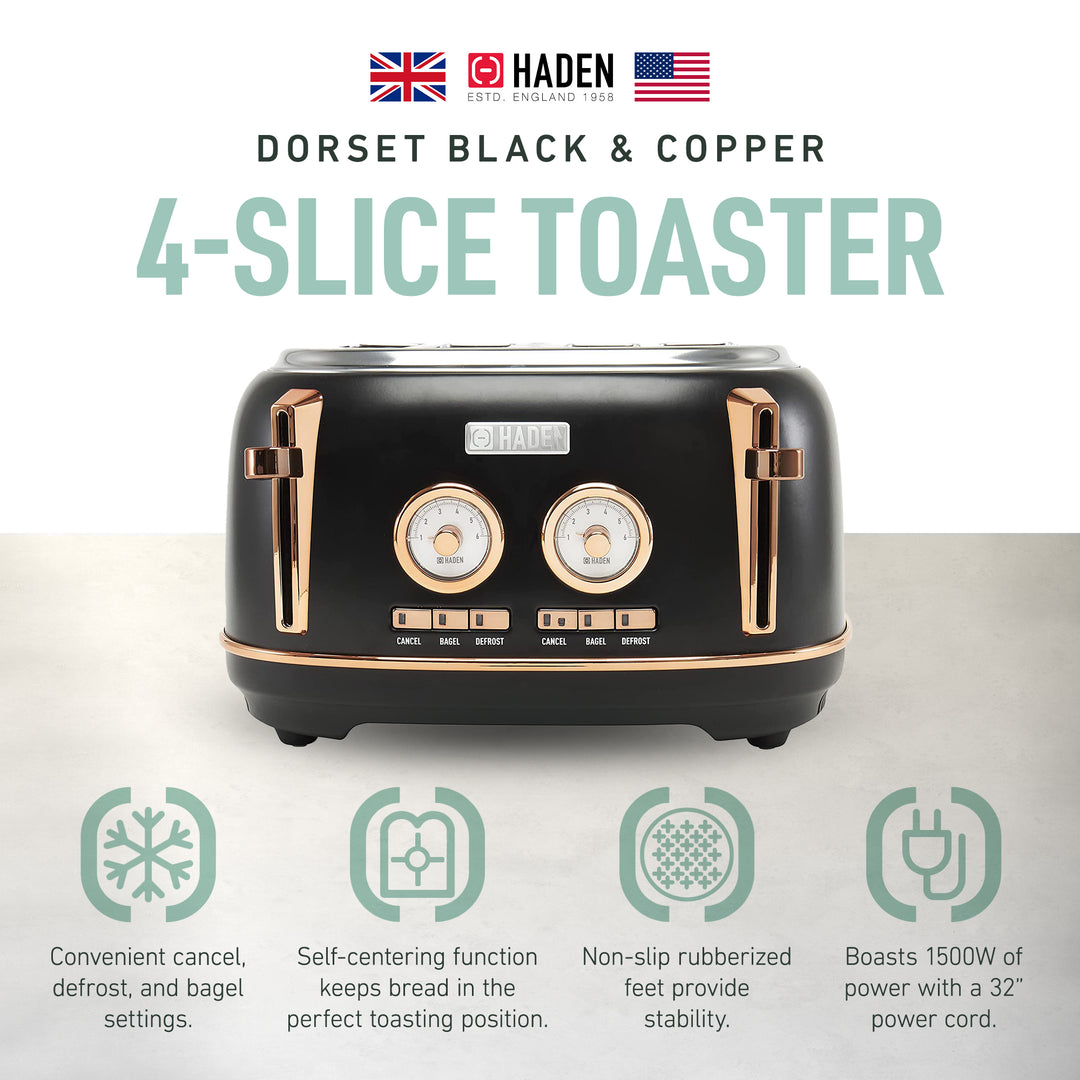 Haden Dorset 4 Slice Wide Slot Steel Toaster w/ Tray, Black/Copper (Open Box)