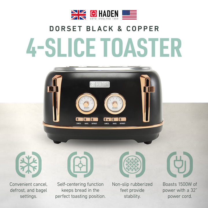 Haden Dorset 4 Slice Wide Slot Steel Toaster w/ Tray, Black/Copper (Open Box)