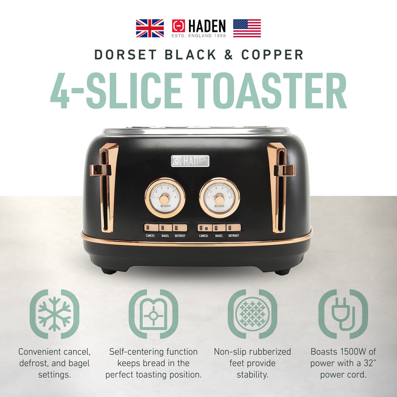 Haden Dorset 4 Slice Wide Slot Stainless Steel Toaster, Black & Copper (Used)