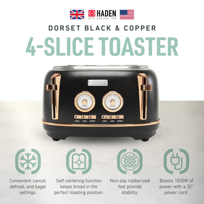 Haden Dorset 4 Slice Wide Slot Steel Toaster w/ Tray, Black/Copper (Open Box)