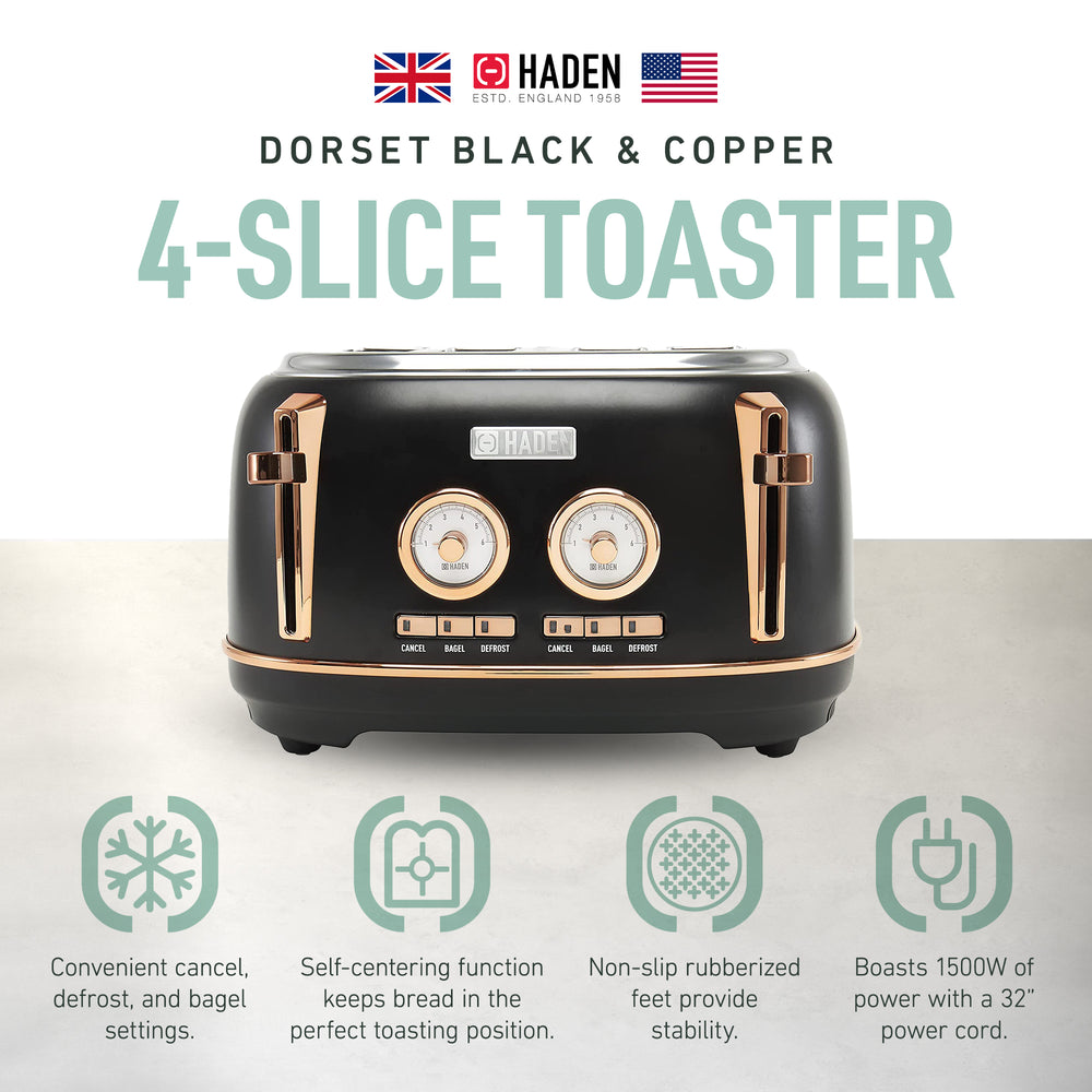Haden Dorset 4 Slice Wide Slot Stainless Steel Toaster, Black & Copper (Used) - VMInnovations