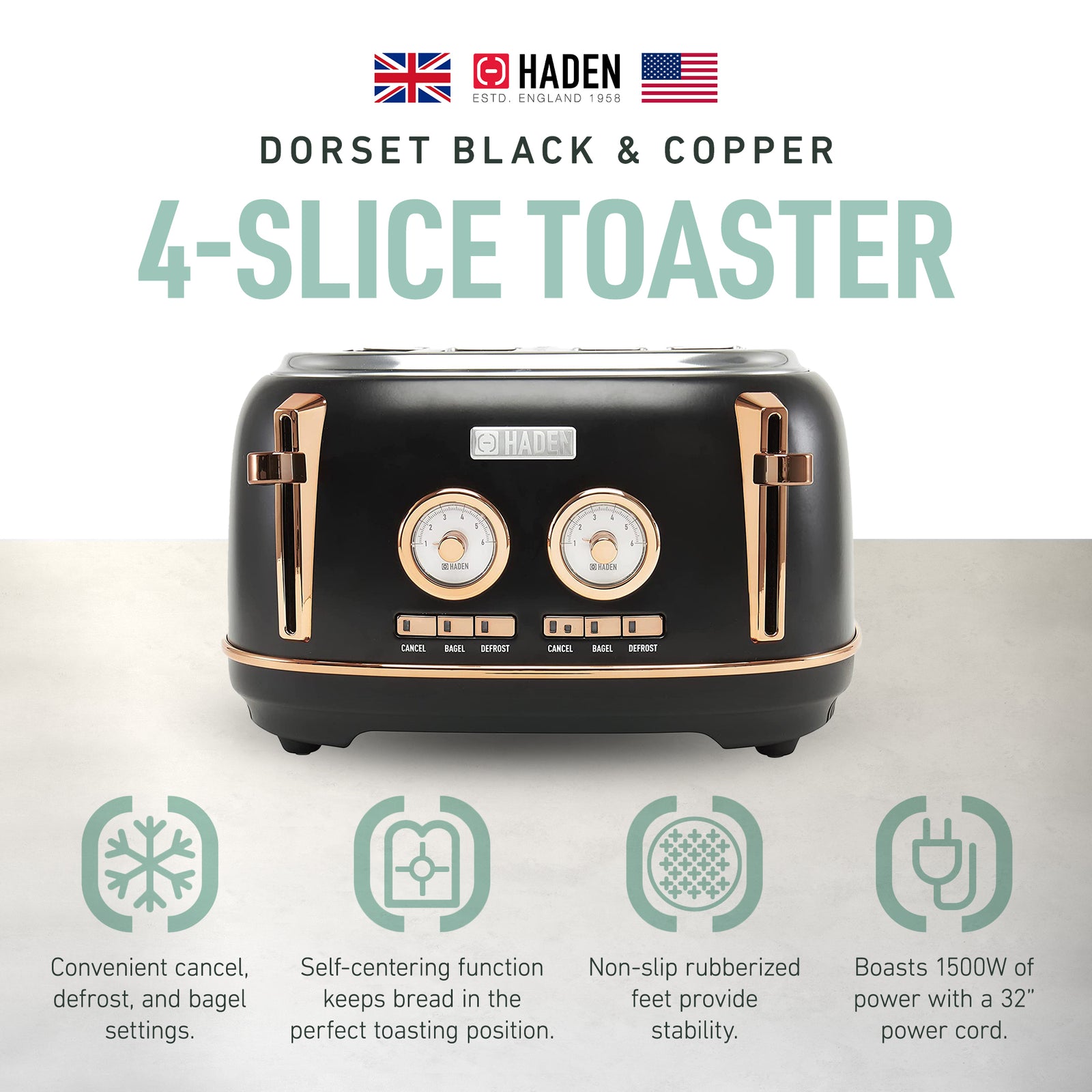 Haden Dorset 4 Slice Wide Slot Stainless Steel Toaster, Black & Copper (Used) - VMInnovations