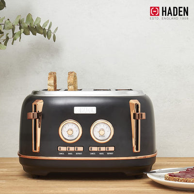 Haden Dorset 4 Slice Wide Slot Steel Toaster w/ Tray, Black/Copper (Open Box)