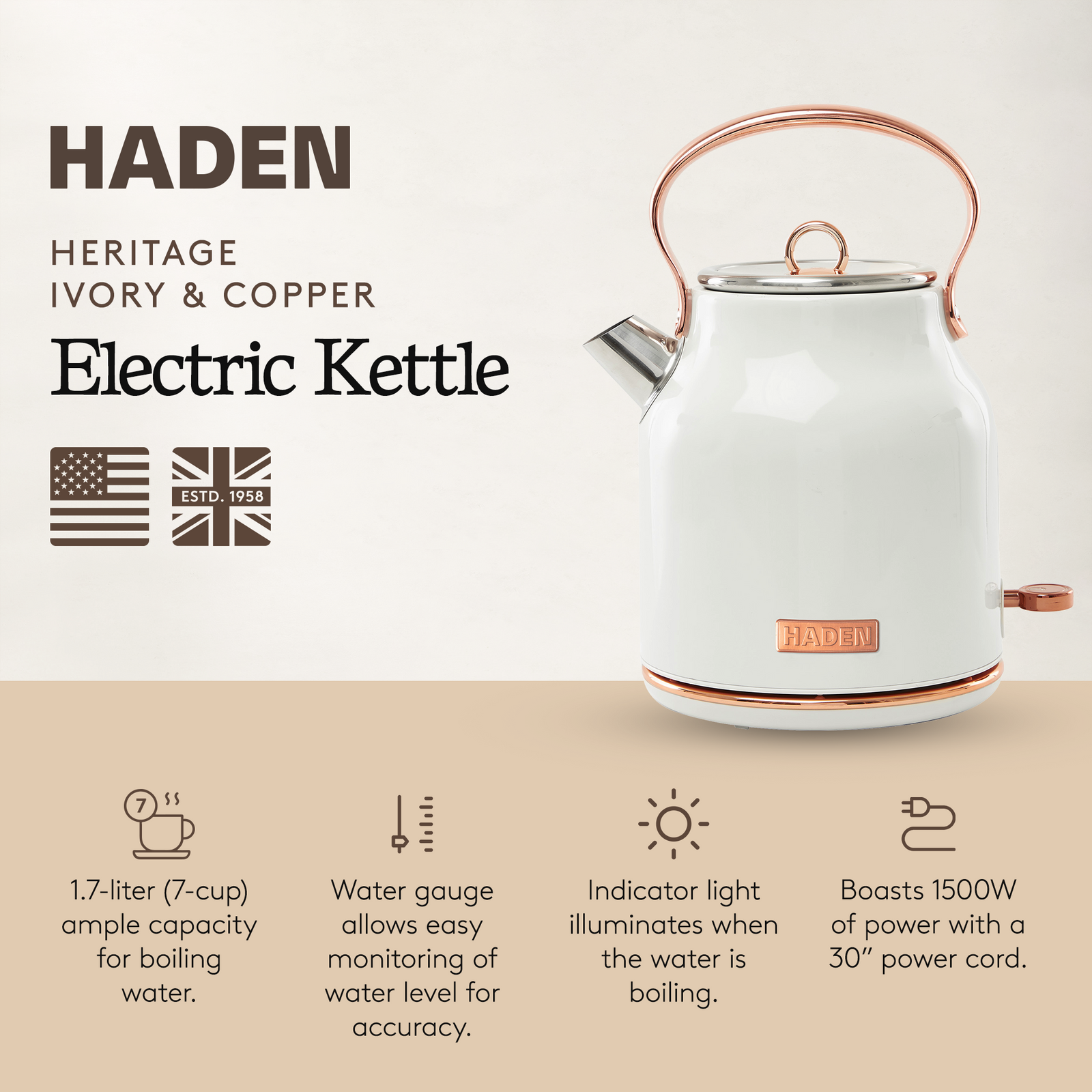 Haden 1.7 Liter Stainless Steel Electric Water Kettle, Ivory & Copper(Open Box) - VMInnovations