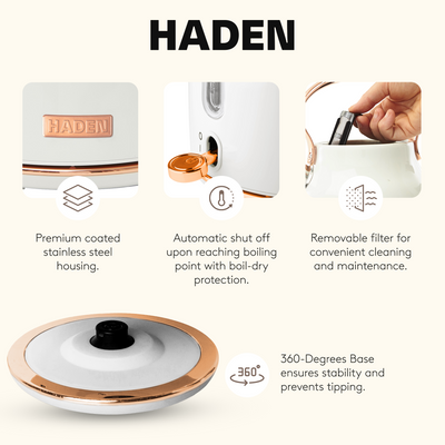 Haden 1.7 Liter Stainless Steel Electric Water Kettle, Ivory & Copper(Open Box)