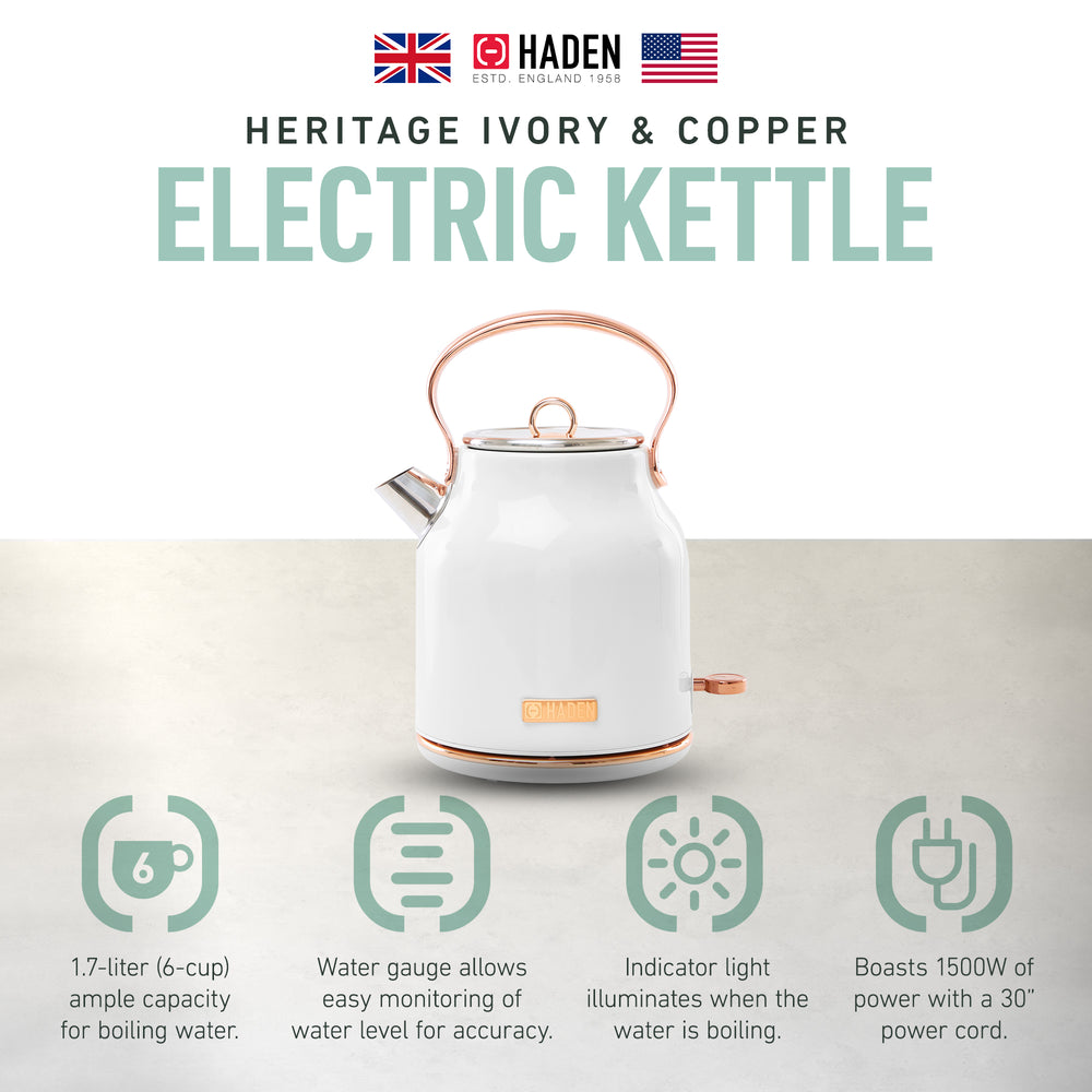 Haden Heritage 1.7 Liter Stainless Steel Electric Water Kettle, Ivory & Copper - VMInnovations