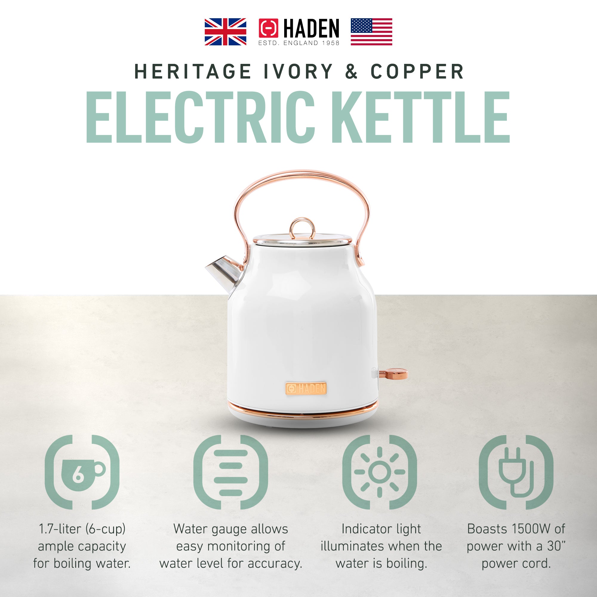 Haden Heritage 1.7L Stainless Steel Retro Electric Kettle, Ivory/Copper (Used) - VMInnovations